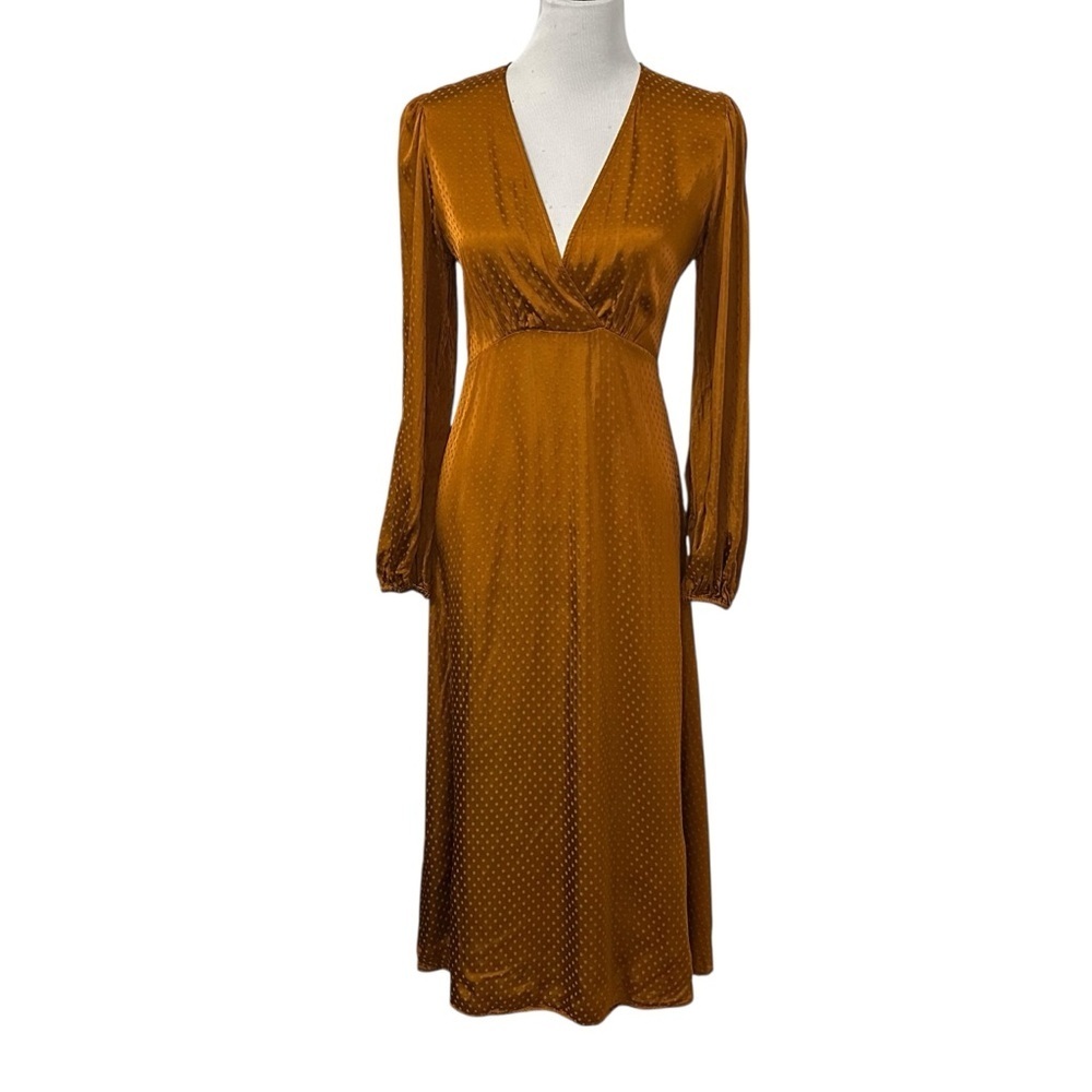 & Other Stories Womens Polka Dot V-Neck Satin Midi Dress Size 4 Burnt Orange